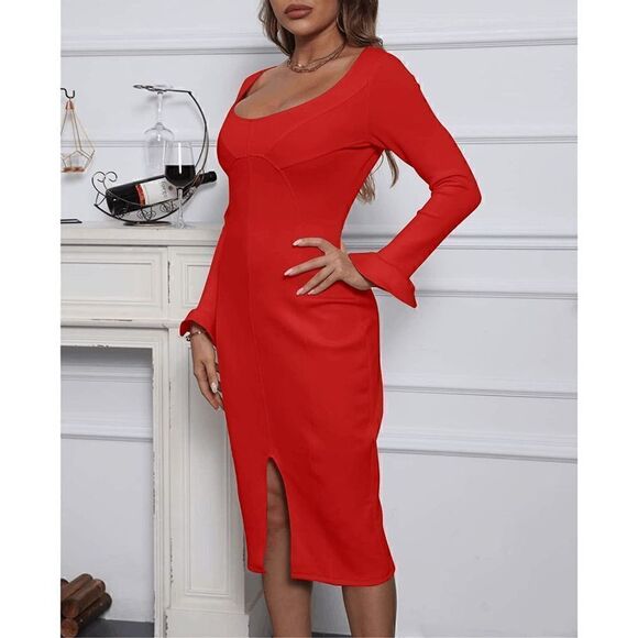 ❤️ Long Ruffle Sleeve Front Slit Bodycon Boat Neck Party Midi Red Dress M NEW - Picture 6 of 17